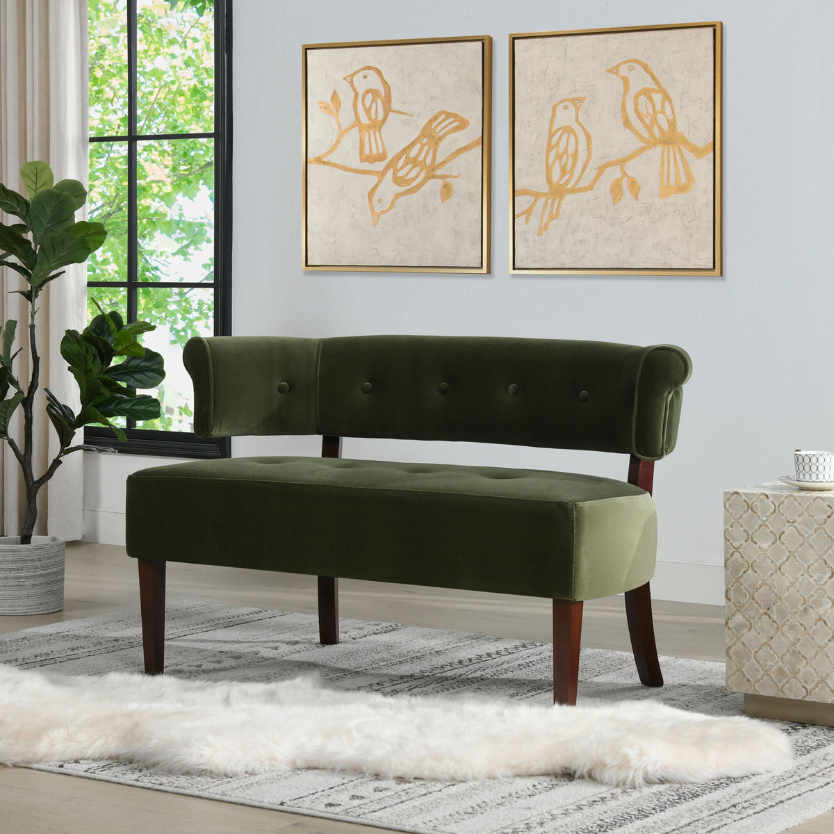 Jared Versatile Roll Arm Tufted Bench Settee in green velvet with wooden legs and two framed prints on Tampa Home & Garden Store