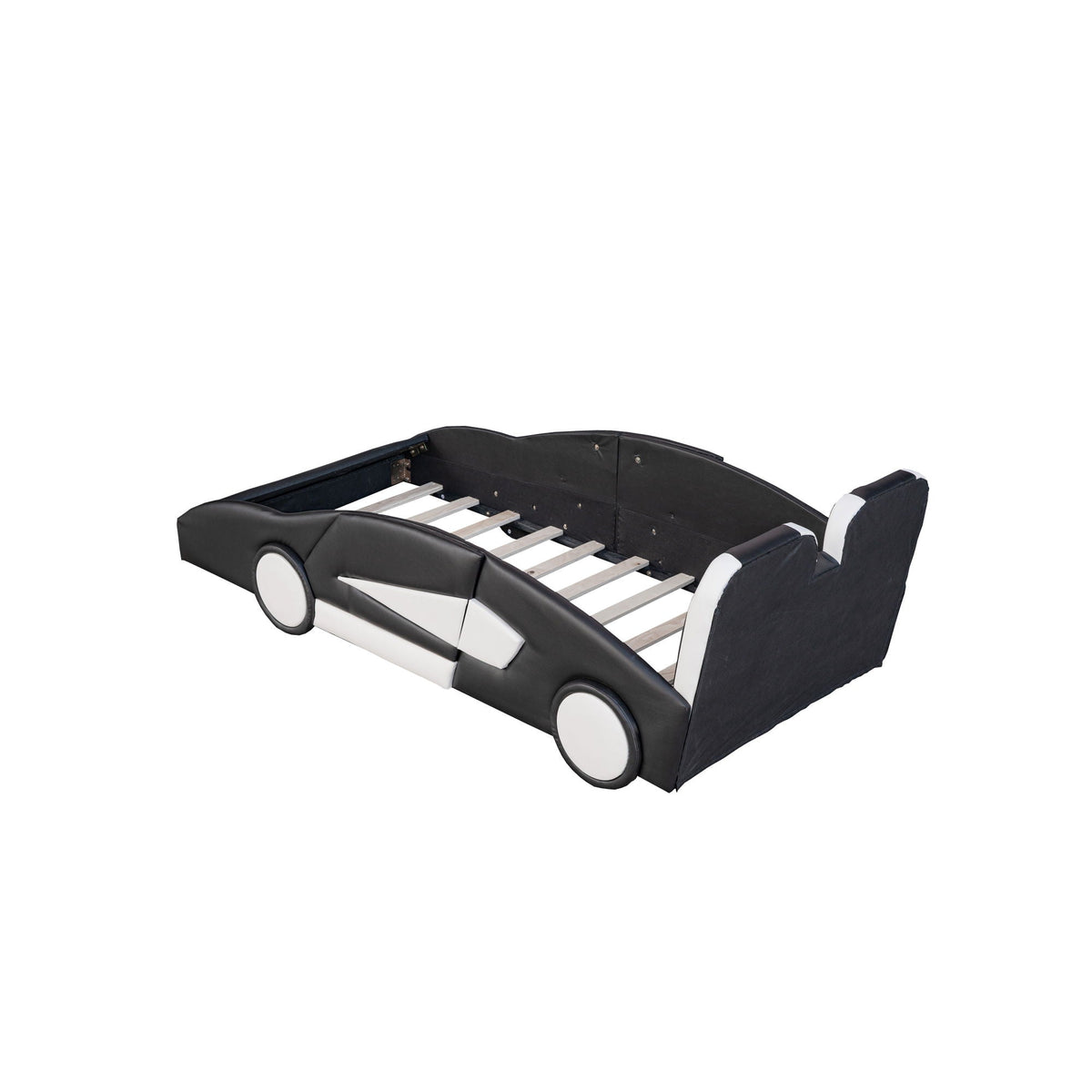 Race car shaped twin platform bed with wheels, black upholstered sides and pine wood slat base on Tampa Home & Garden Store