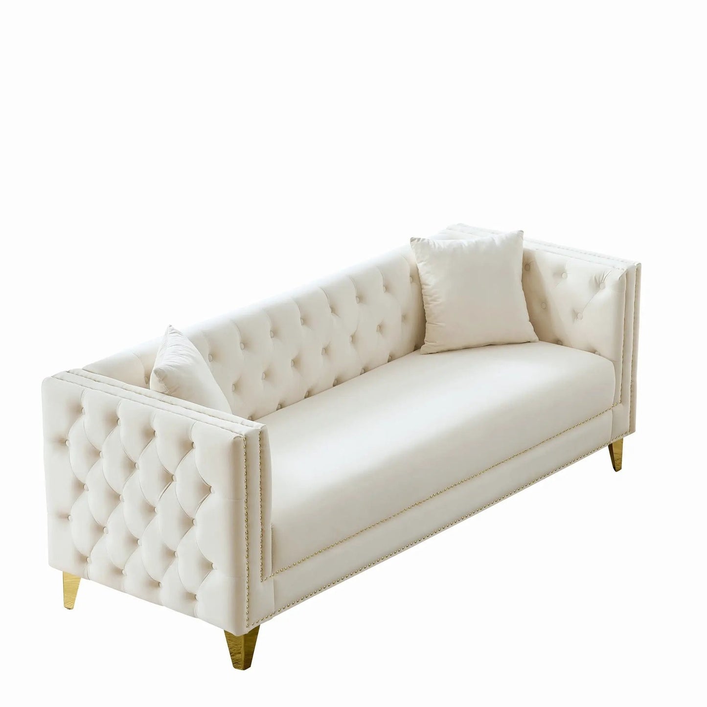 3 Seater Deep Seat Sofa with tufted back, square arms, nailhead trim, cream fabric, gold legs on Tampa Home & Garden Store