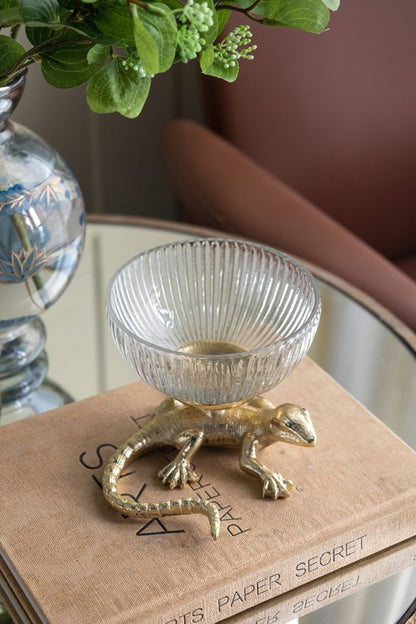 5x5x4.5' Gold Lizard Pedestal Bowl with Ribbed Glass Dish by HouseOfZazla on Tampa Home & Garden Store