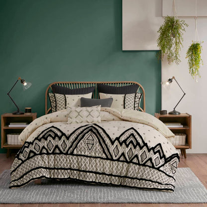 3 Piece Cotton and Flax Linen Comforter Set King with black pattern on bed in green room on Tampa Home & Garden Store