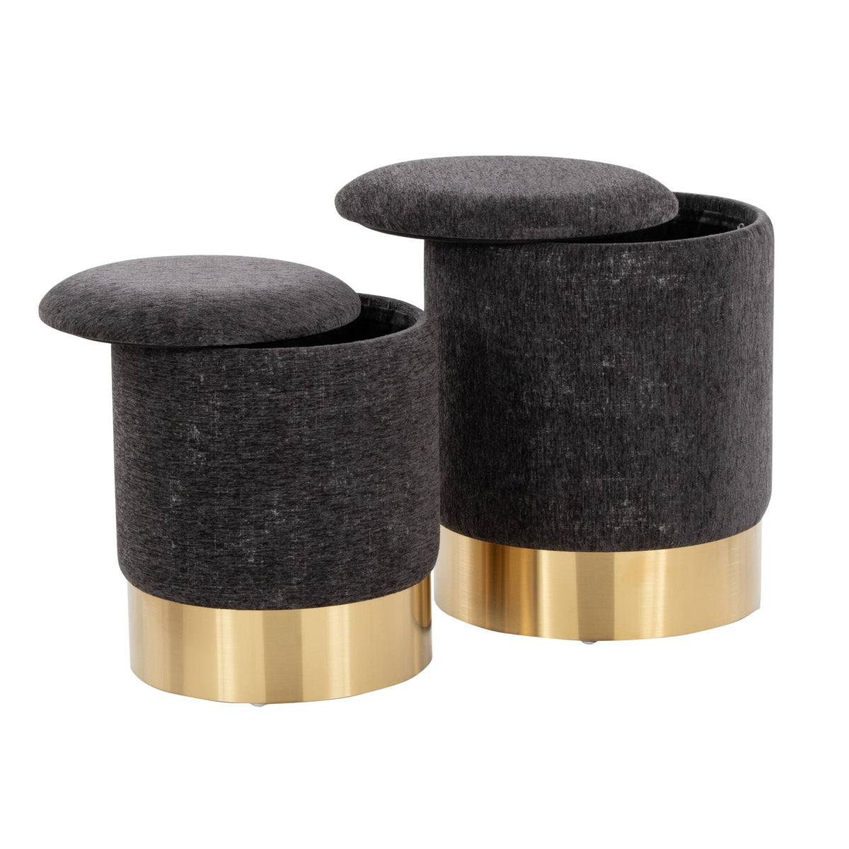Contemporary nesting ottoman set with charcoal fabric tops and gold metal bases (2 pieces) on Tampa Home & Garden Store