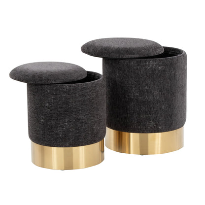 Contemporary nesting ottoman set with charcoal fabric tops and gold metal bases (2 pieces) on Tampa Home & Garden Store