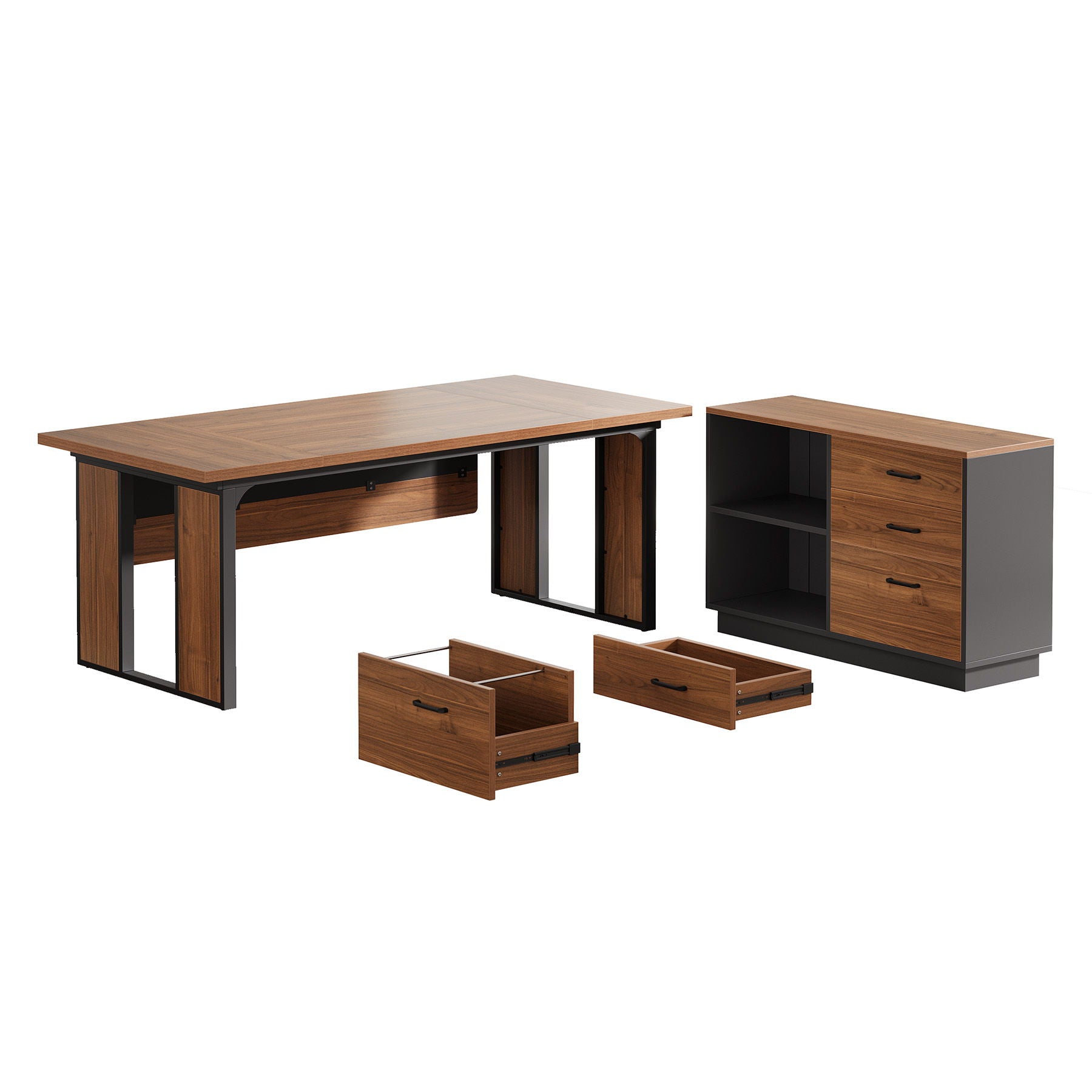L-shaped executive desk with file cabinet, drawers, open shelves in brown wood, black metal on Tampa Home & Garden Store