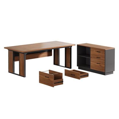 L-shaped executive desk with file cabinet, drawers, open shelves in brown wood, black metal on Tampa Home & Garden Store