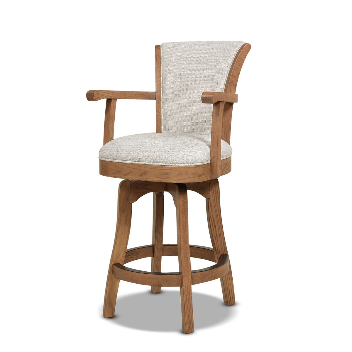 Swivel counter-height bar stool with high back and beige upholstery on wood frame on Tampa Home & Garden Store
