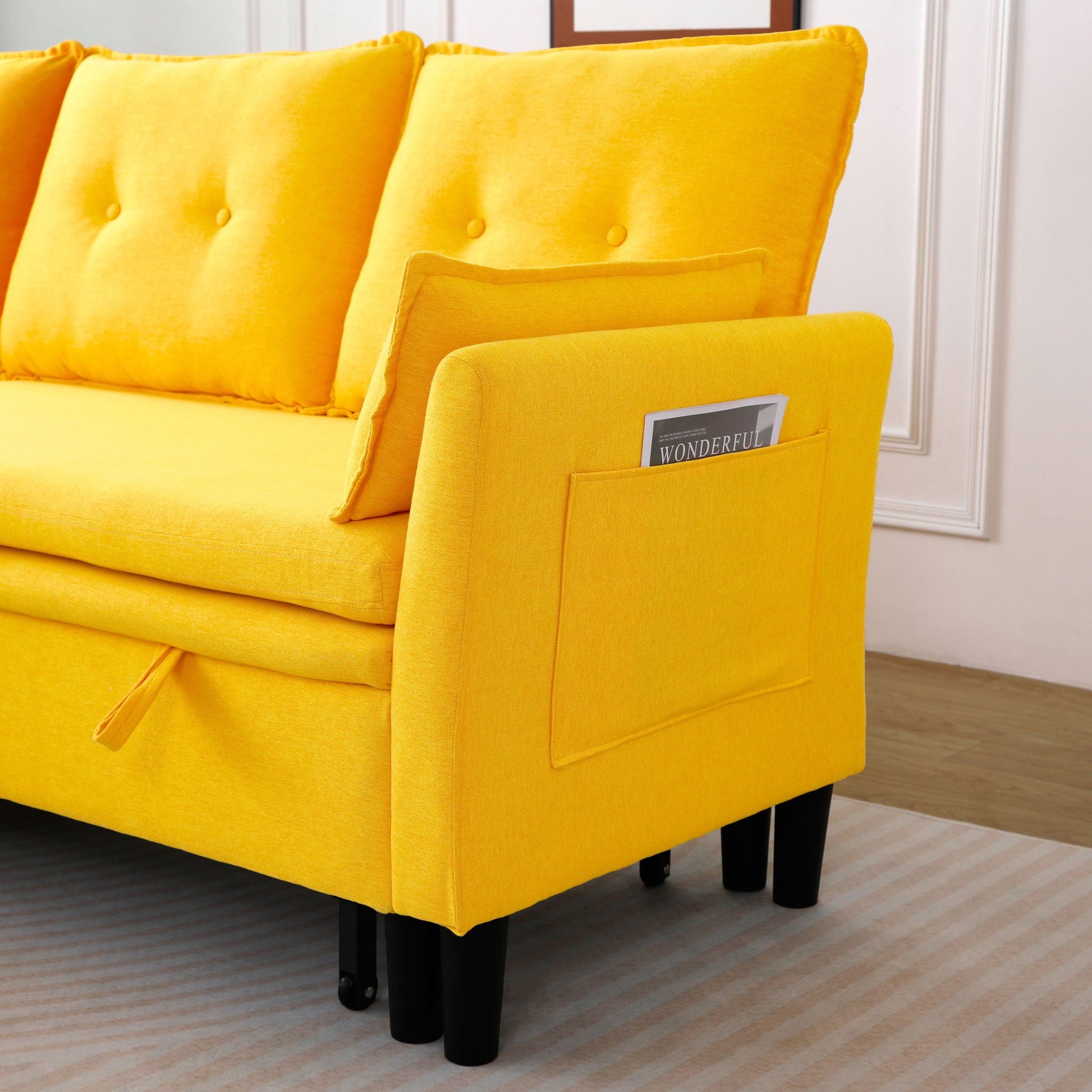Yellow L-shaped chaise sectional sofa with storage pocket and tufted back cushions, black legs on Tampa Home & Garden Store