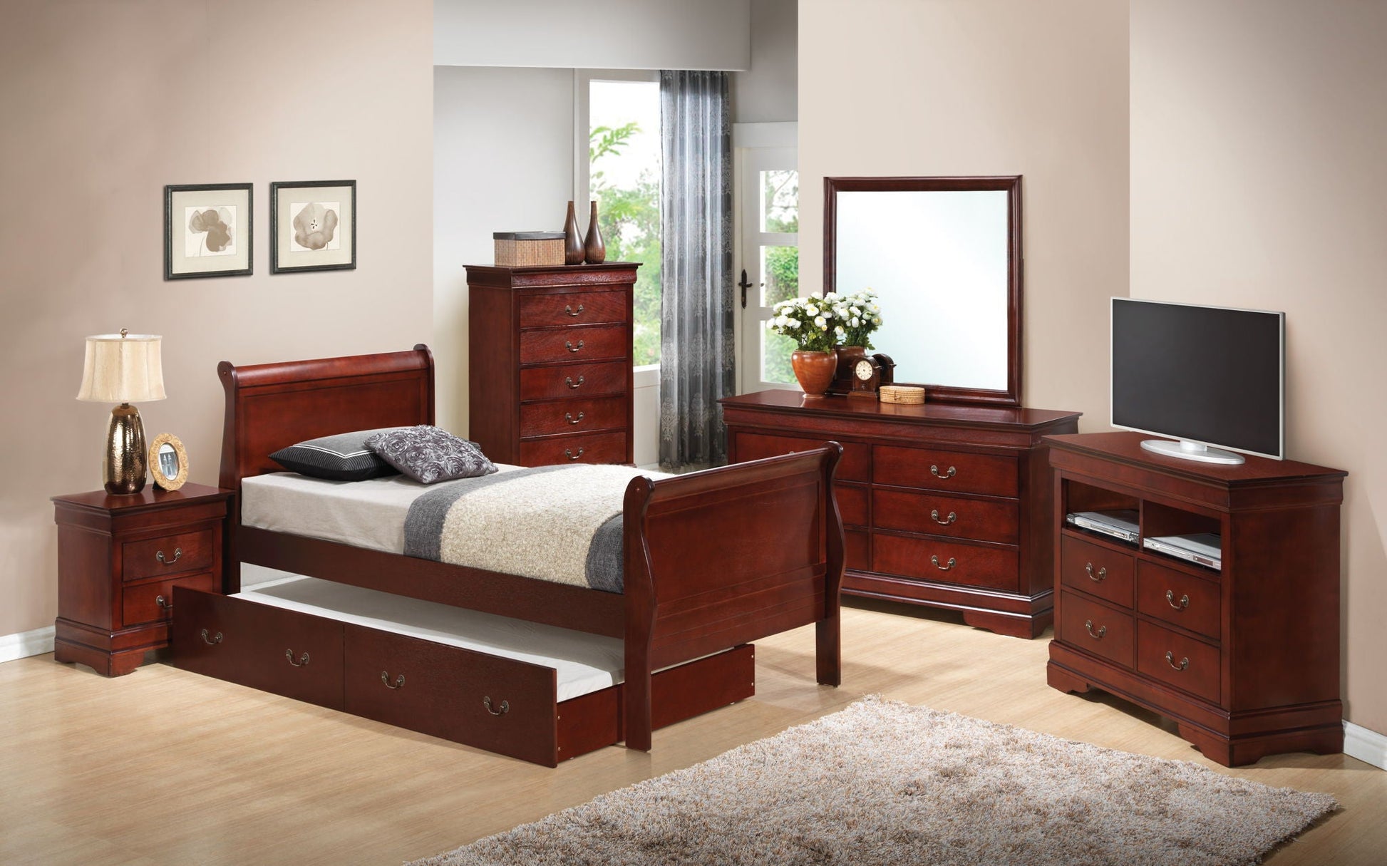Elegant Trundle Bed by HouseOfZazla in rich cherry wood with under-bed drawers on Tampa Home & Garden Store