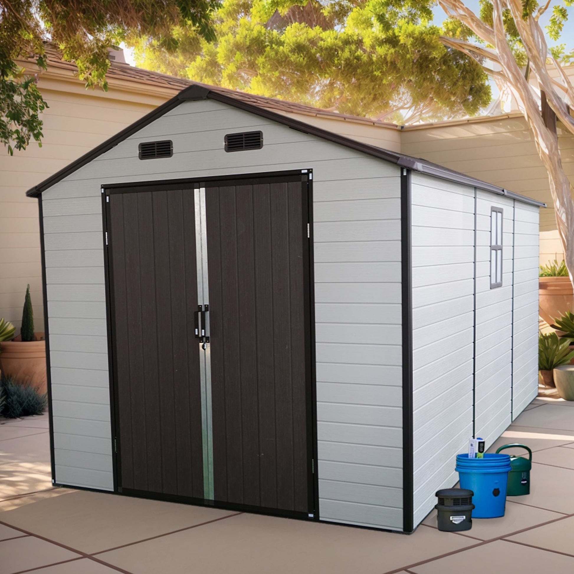 8x14 ft outdoor resin storage shed gray siding black doors white window HouseOfZazla on Tampa Home & Garden Store