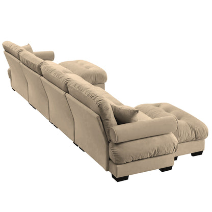 Modern sectional sofa with ottoman beige fabric round bolster arms waist and throw pillows on Tampa Home & Garden Store