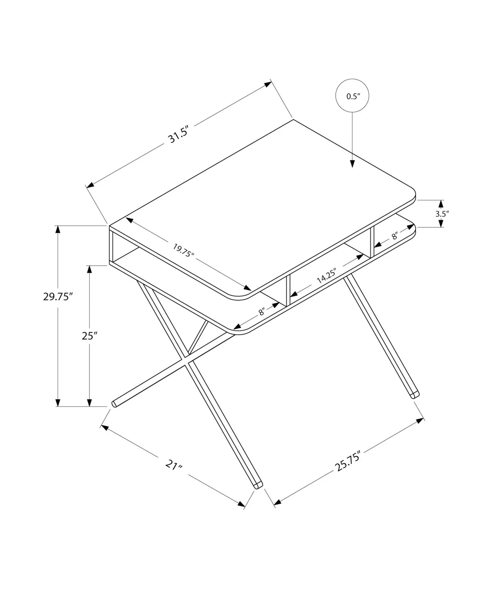 Computer desk blueprint in white with storage shelves and angled legs on Tampa Home & Garden Store
