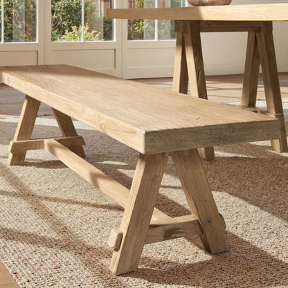Natural dining bench with pillar base in solid reclaimed elm on Tampa Home & Garden Store
