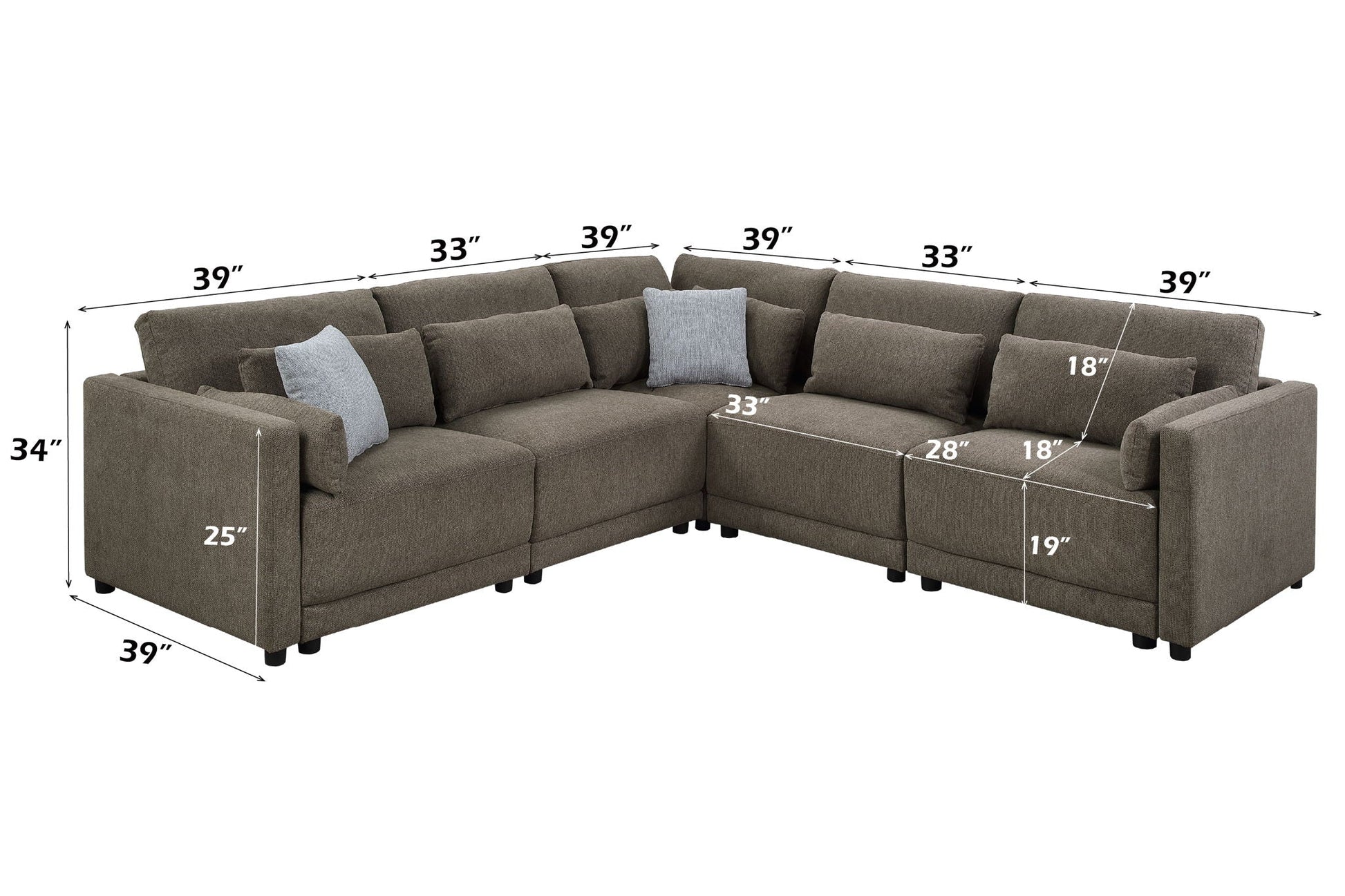 Rylie Modular Sectional Sofa with Toss Pillows, brown fabric by HouseOfZazla on Tampa Home & Garden Store