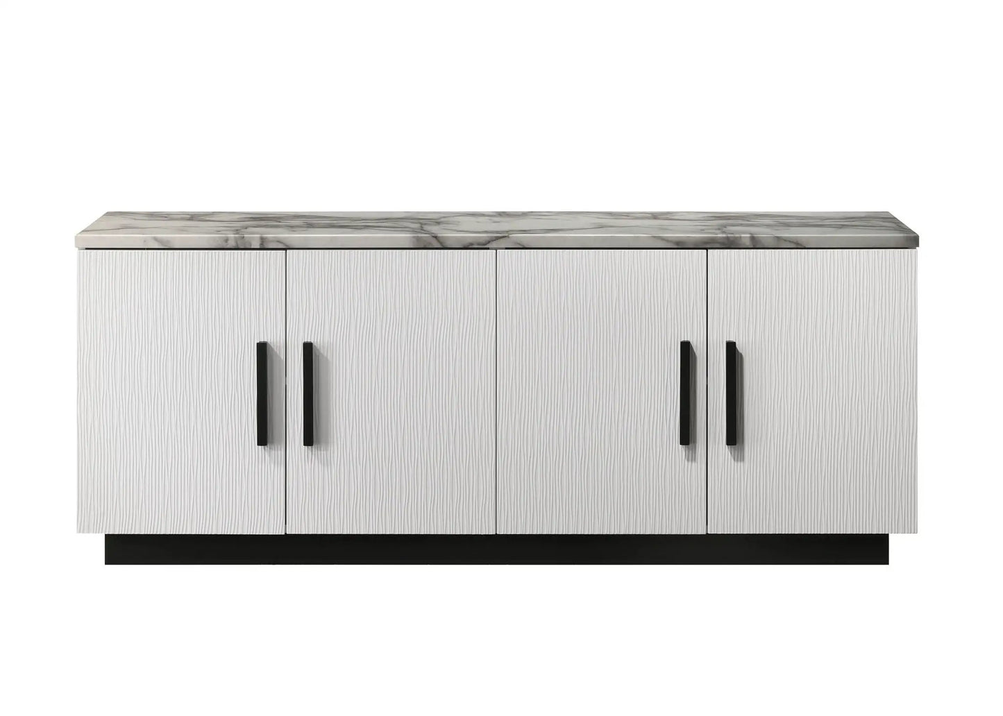 Matilda cabinet console table with white faux marble top and panel doors, black handles on Tampa Home & Garden Store
