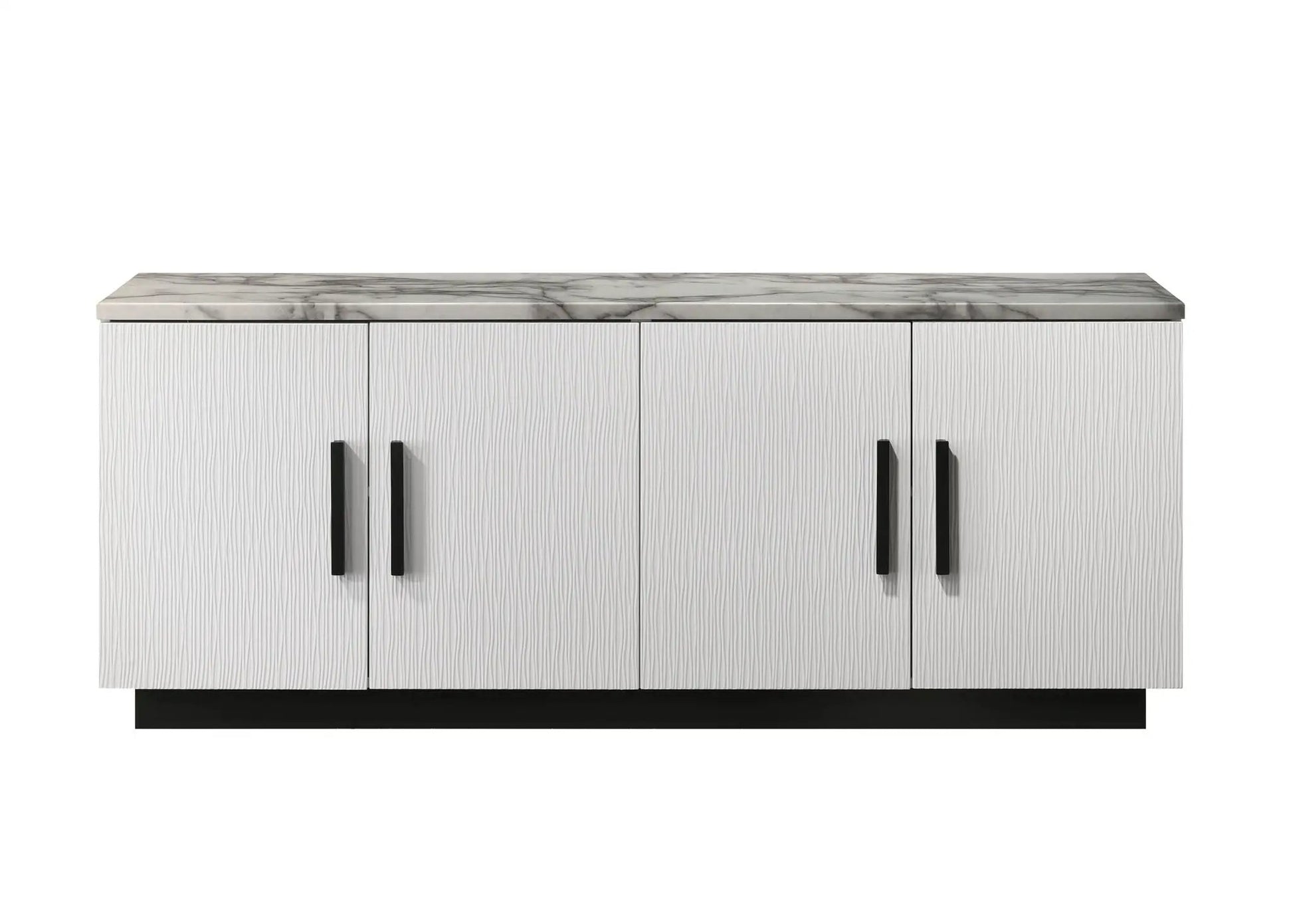 Matilda cabinet console table with white faux marble top and panel doors, black handles on Tampa Home & Garden Store