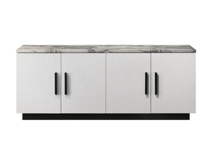 Matilda cabinet console table with white faux marble top and panel doors, black handles on Tampa Home & Garden Store