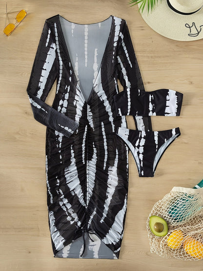 Stevvex Horizon Haze 3-Piece tie-dye bandeau bikini set with black/gray print and sheer cover-up on Tampa Home & Garden Store