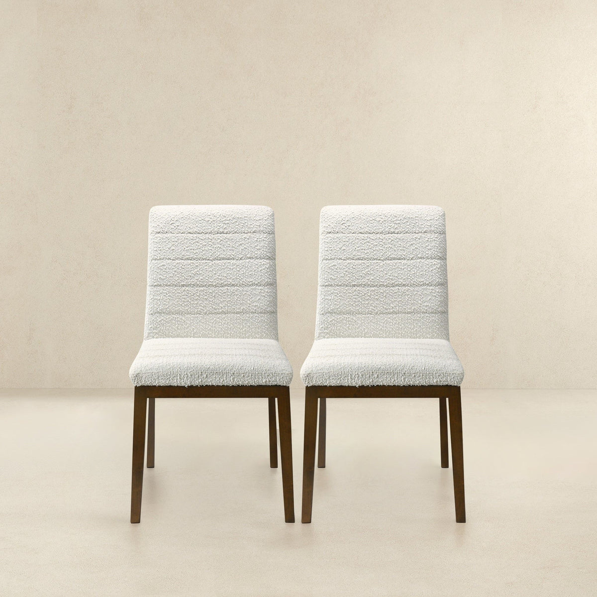 Modern dining chair set with white textured upholstery and dark wood legs, 2 chairs on Tampa Home & Garden Store