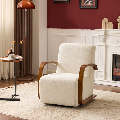 360° Swivel Accent Chair Beige with wood curved arms in a cozy living room beside a burgundy wall on Tampa Home & Garden Store