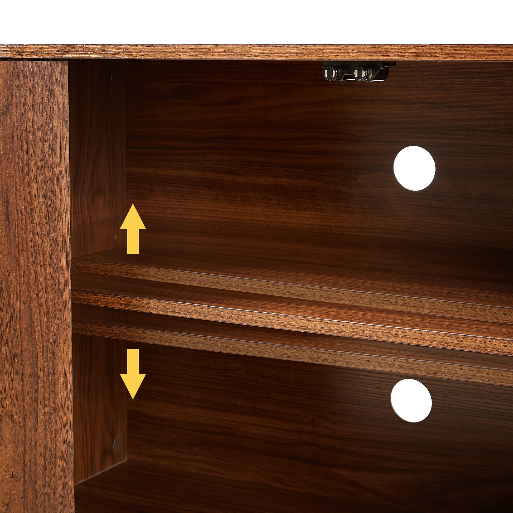 Sideboard storage cabinet interior by HouseOfZazla in dark wood with metal hinges on Tampa Home & Garden Store