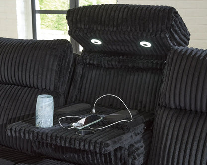 Forest Lake power reclining sofa with adj headrest in black plush corduroy fabric on Tampa Home & Garden Store