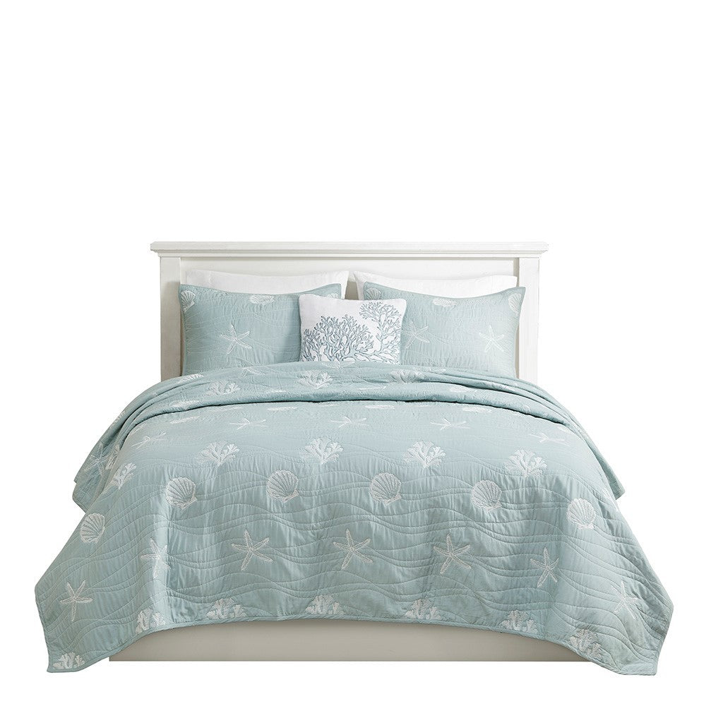 Quilt set aqua cotton with seashells and starfish motifs, King/Cal King, pillow included on Tampa Home & Garden Store