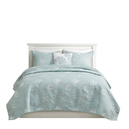 Quilt set aqua cotton with seashells and starfish motifs, King/Cal King, pillow included on Tampa Home & Garden Store