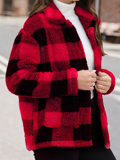 Women's red plaid fuzzy jacket with drop-shoulder silhouette by Stevvex on Tampa Home & Garden Store