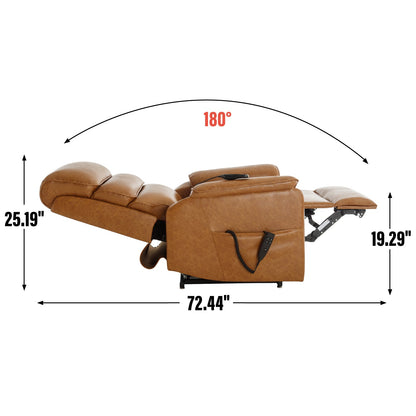 Brown leather dual-motor power lift recliner chair with padded arms in full 180° recline on Tampa Home & Garden Store