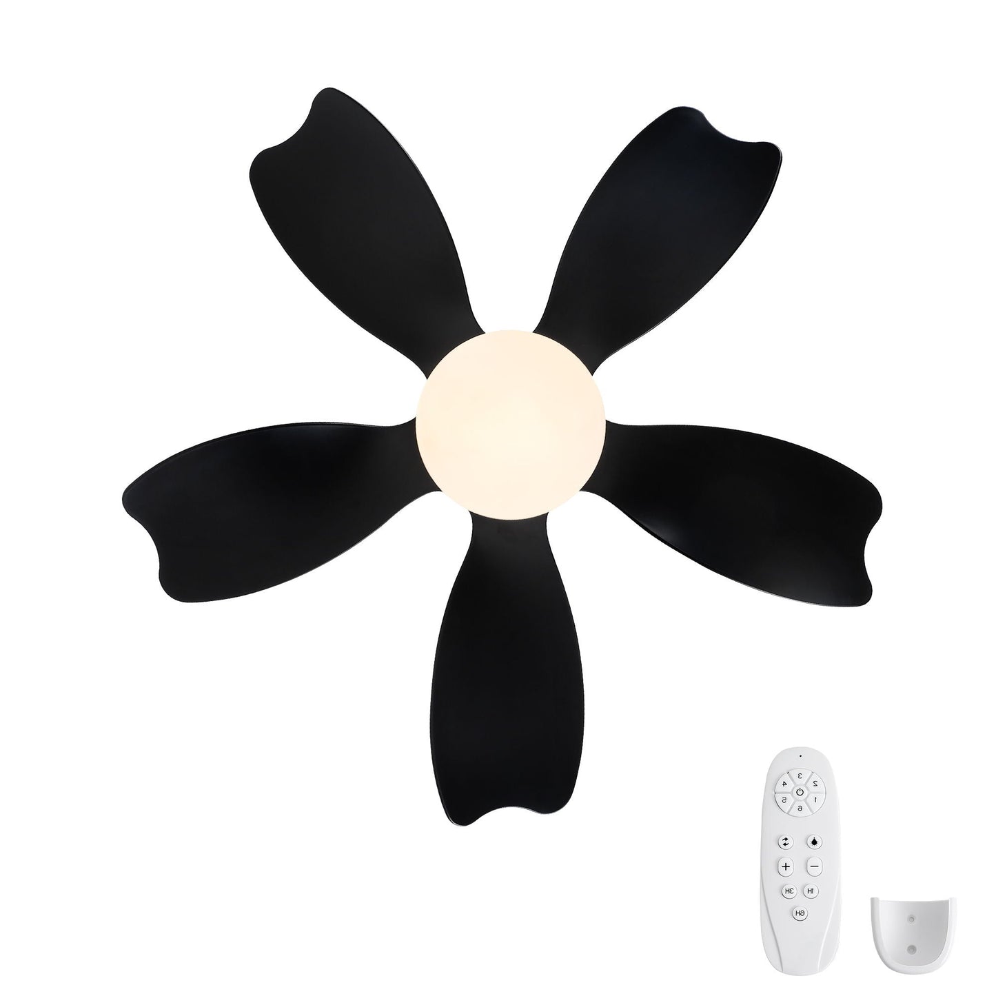 HouseOfZazla low profile flush mount ceiling fan with light, black blades, white globe, remote on Tampa Home & Garden Store