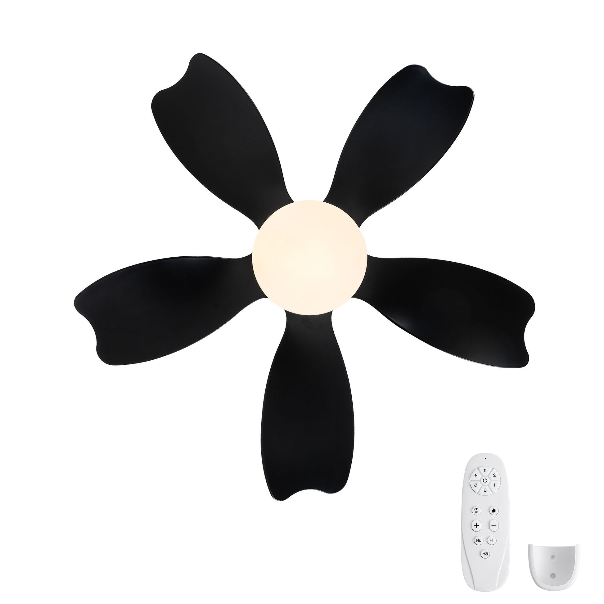HouseOfZazla low profile flush mount ceiling fan with light, black blades, white globe, remote on Tampa Home & Garden Store