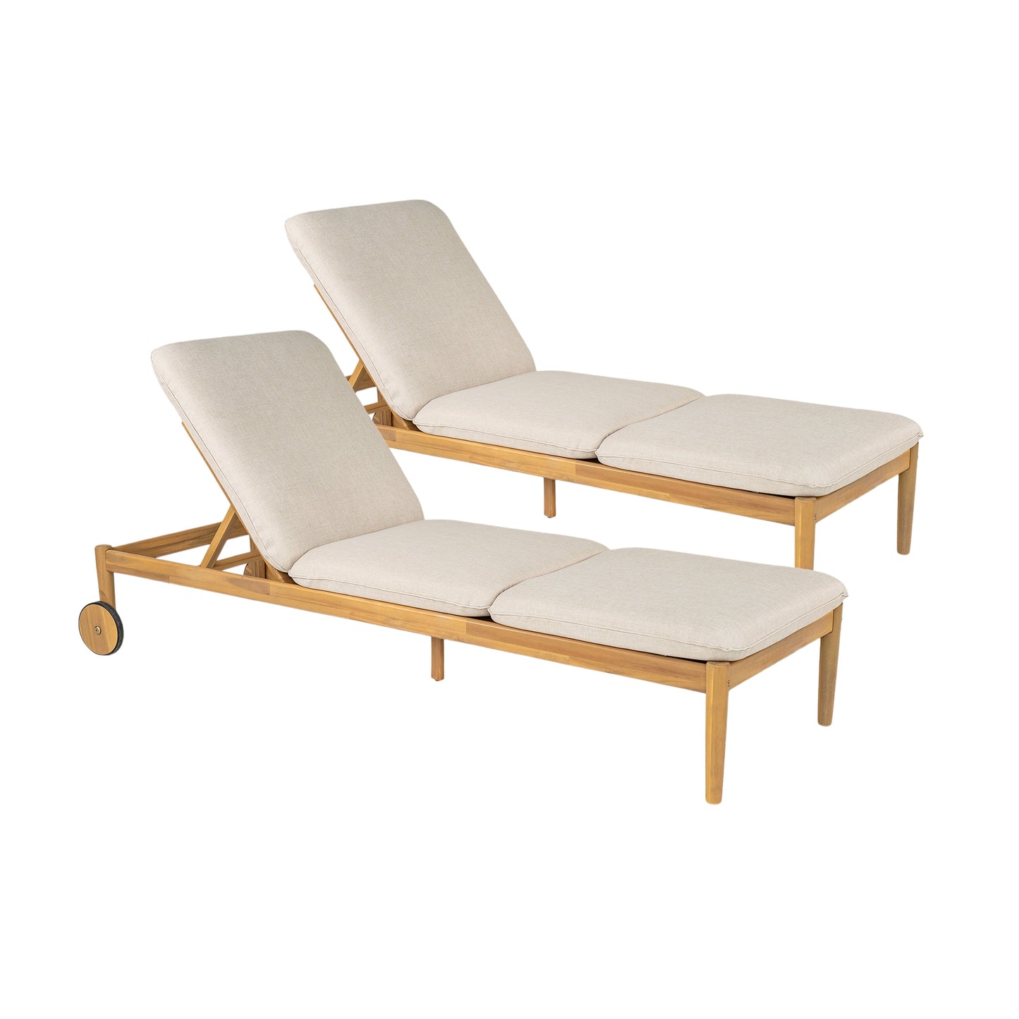 Riviera Outdoor Chaise Lounge Set of 2 by HouseOfZazla, wheels, acacia wood frame, beige cushions on Tampa Home & Garden Store