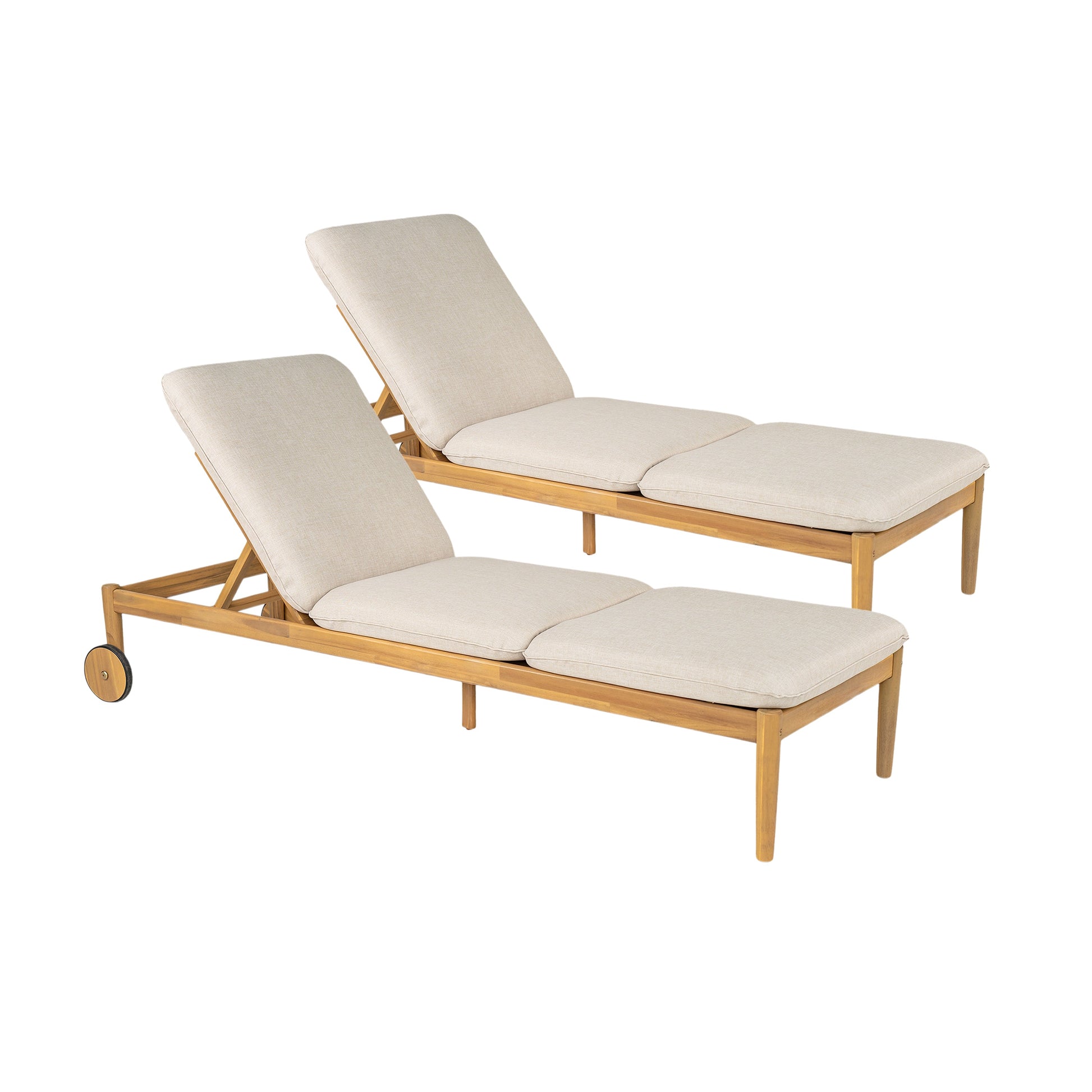 Riviera Outdoor Chaise Lounge Set of 2 by HouseOfZazla, wheels, acacia wood frame, beige cushions on Tampa Home & Garden Store