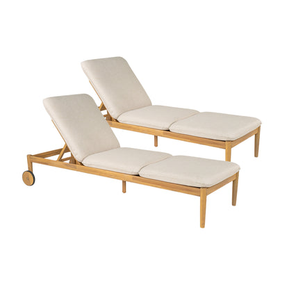 Riviera Outdoor Chaise Lounge Set of 2 by HouseOfZazla, wheels, acacia wood frame, beige cushions on Tampa Home & Garden Store