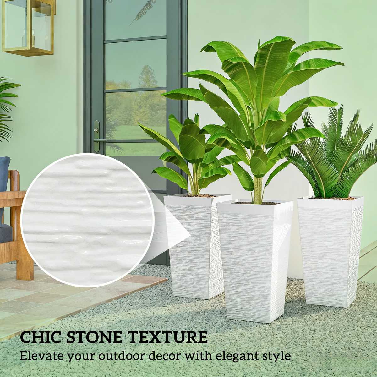 Stackable Tapered Planters set of 3, white textured stone finish with lush banana plants by entryway on Tampa Home & Garden Store