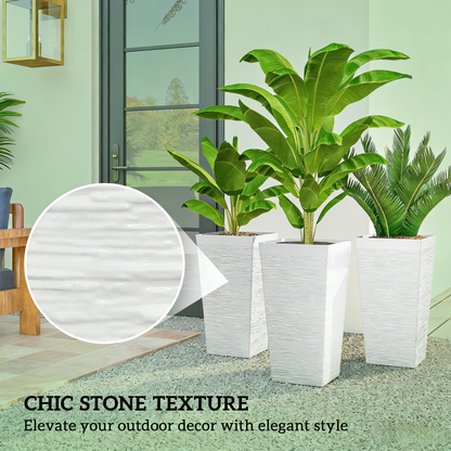 Stackable Tapered Planters set of 3, white textured stone finish with lush banana plants by entryway on Tampa Home & Garden Store