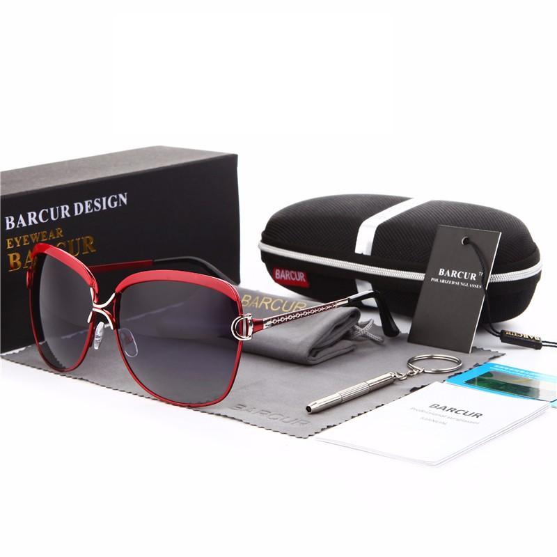 Red Barcur oversized polarized sunglasses for women with gradient round lenses and chain temples on Tampa Home & Garden Store