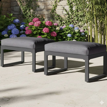 All-Weather Patio Ottomans with thick gray cushions and charcoal frame, 2-pack on Tampa Home & Garden Store