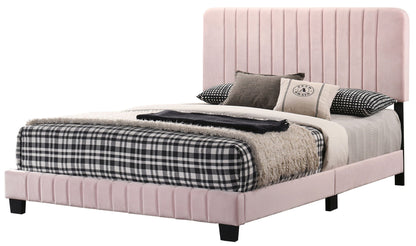 Channel Tufted Bed pink velvet upholstery with channels, black legs, plaid bedding HouseOfZazla on Tampa Home & Garden Store