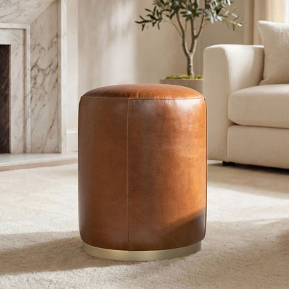 Brown leather round ottoman with brass base, storage ottoman for living spaces on Tampa Home & Garden Store