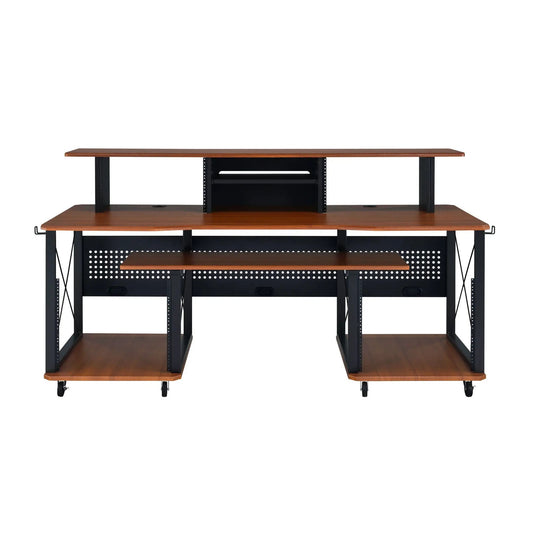 Megara Music Desk workstation in warm wood and black steel with multiple storage shelves on Tampa Home & Garden Store