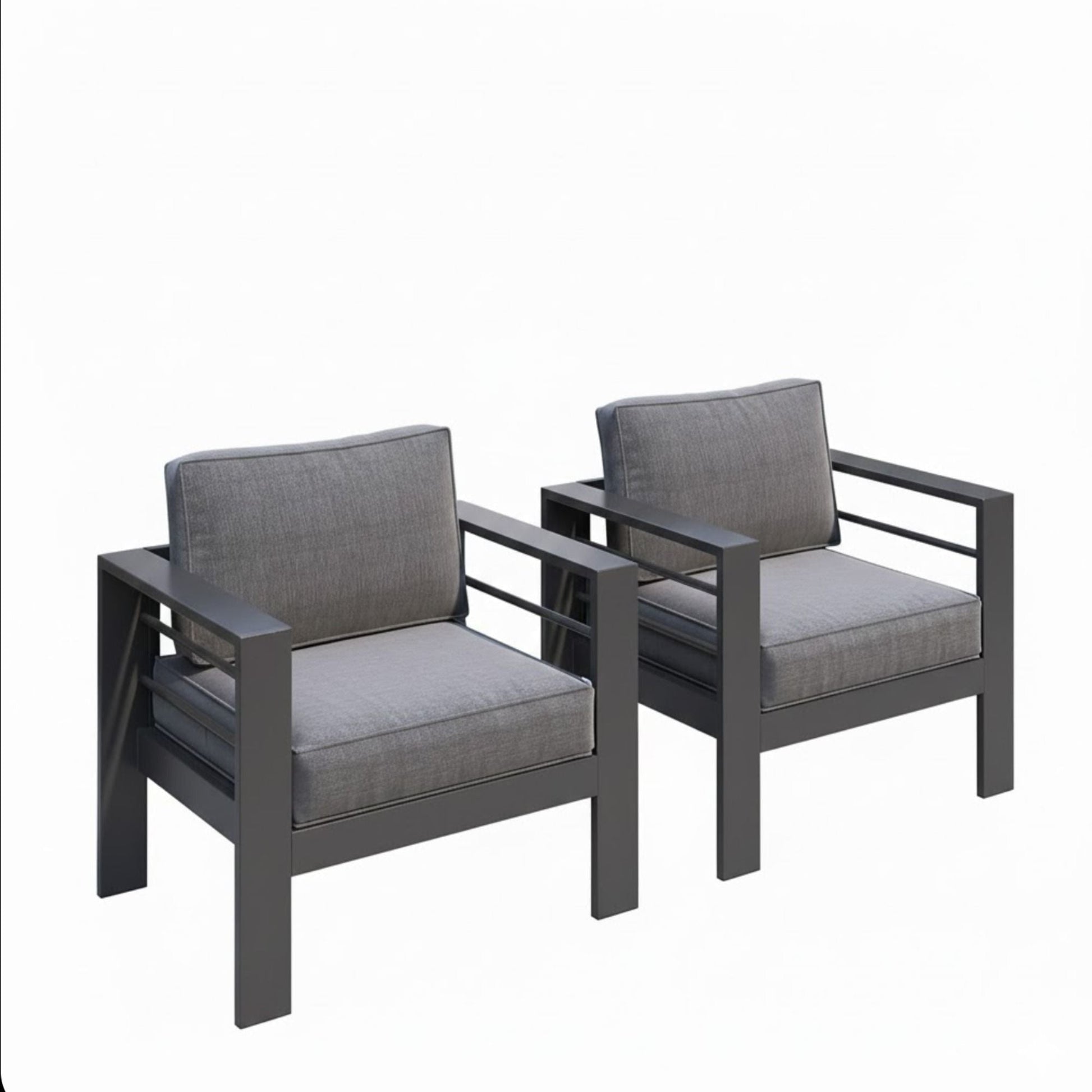 Patio armchairs set of 2 by HouseOfZazla with gray cushions and black metal frames on Tampa Home & Garden Store