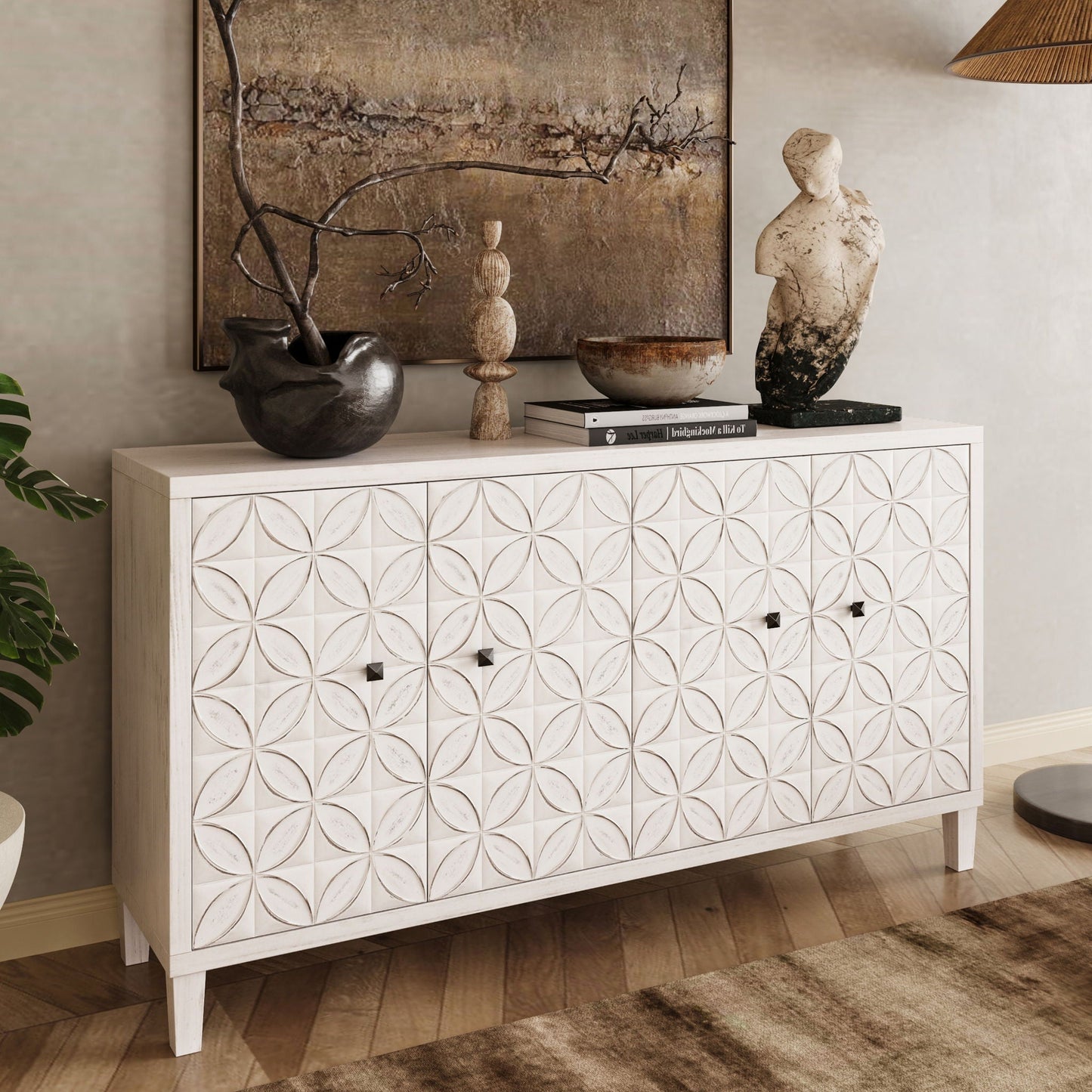 White Wash 4 Door Wooden Accent Cabinet for Home