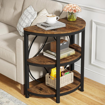 3 Tier Half Moon End Table with space saving design, rustic brown top and black metal frame on Tampa Home & Garden Store