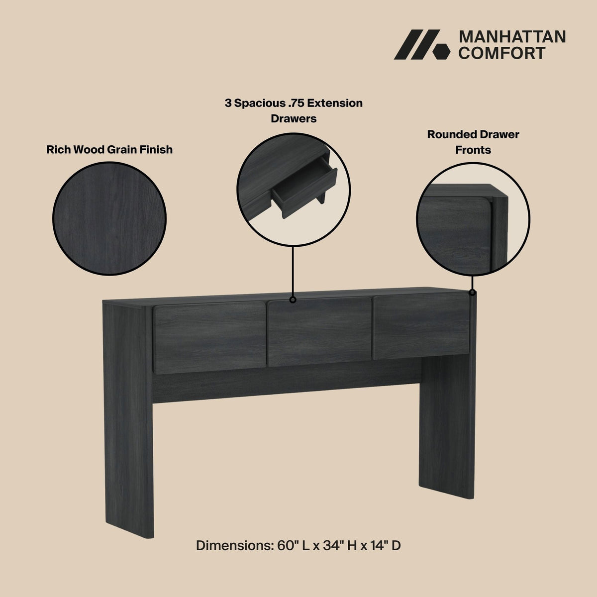 Linda Console Table with three drawers in dark gray wood finish by HouseOfZazla on Tampa Home & Garden Store