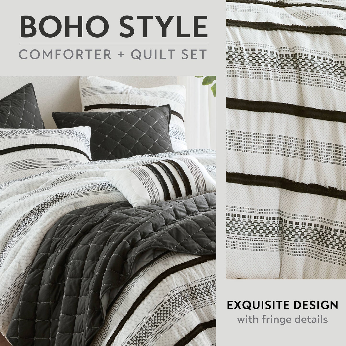 HouseOfZazla 7 Piece Stripe Comforter and Quilt Set King/Cal King white and charcoal fringe on Tampa Home & Garden Store