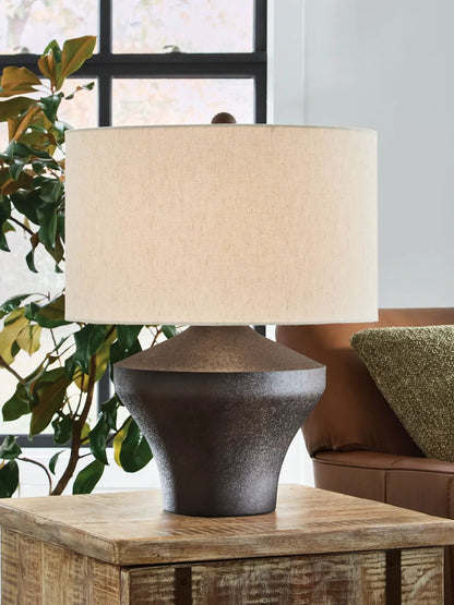 Dolanham table lamp distressed brown with beige shade and textured base on Tampa Home & Garden Store