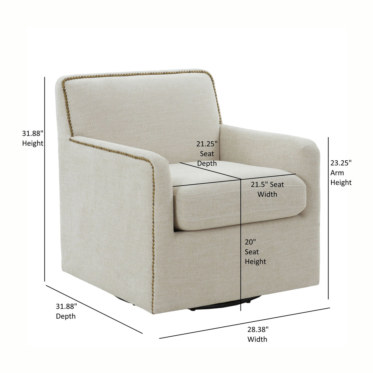 Swivel Accent Chair beige upholstery with antique brass nailhead trim HouseOfZazla on Tampa Home & Garden Store