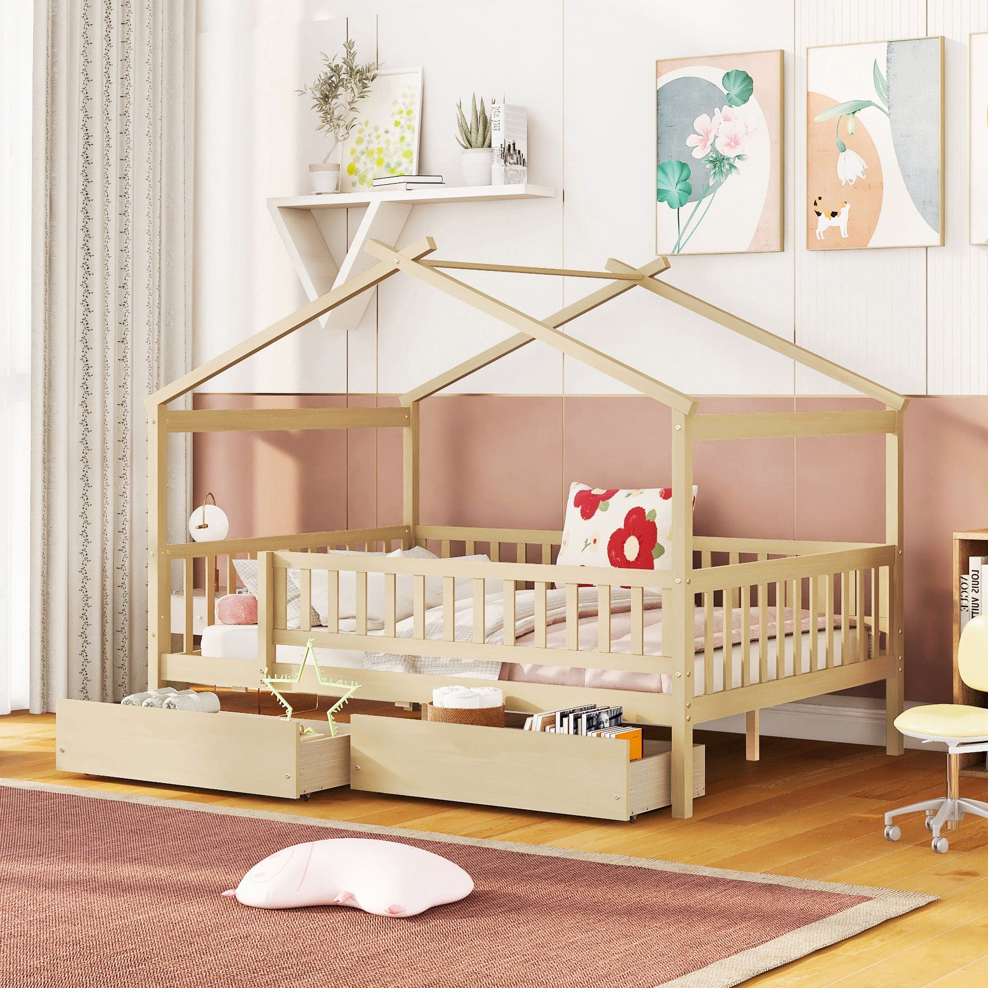 House Bed with Two Drawers and Sky Roof Storage in light wood with two under-bed drawers on Tampa Home & Garden Store