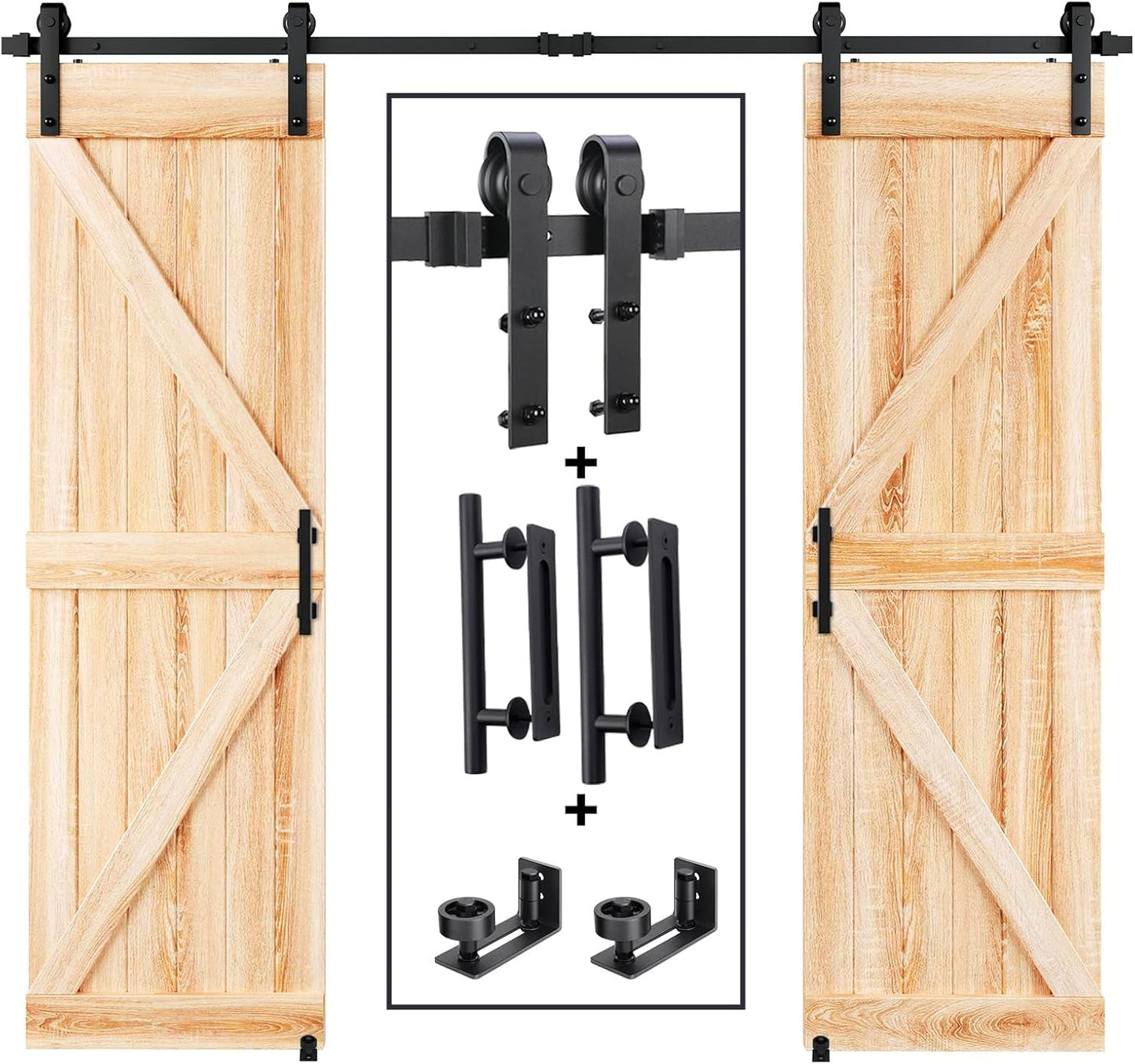 8 ft double sliding barn door hardware kit; black track with two door hangers and handles on Tampa Home & Garden Store